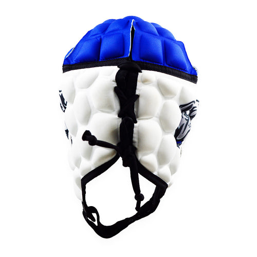 White and blue protective helmet with black straps on a white background