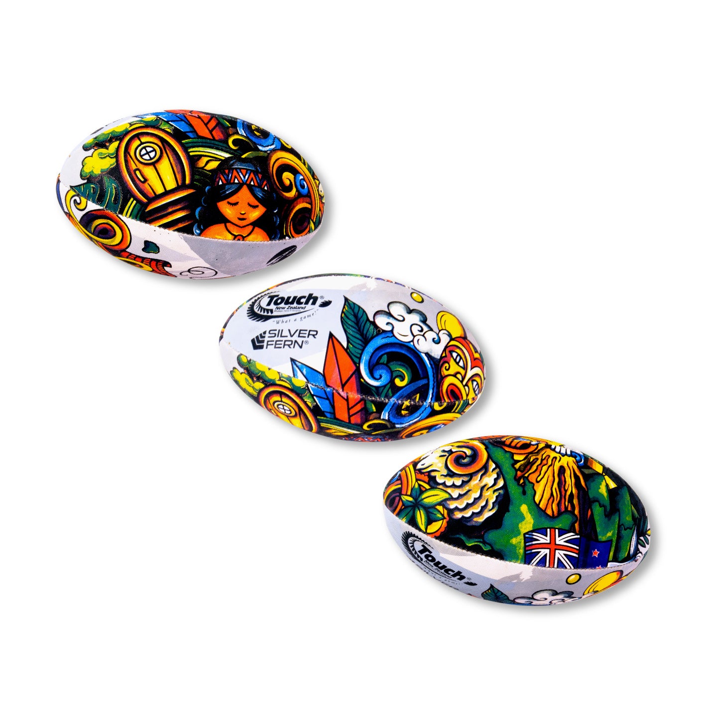 Silver Fern custom rugby balls banner, touch ball showcase